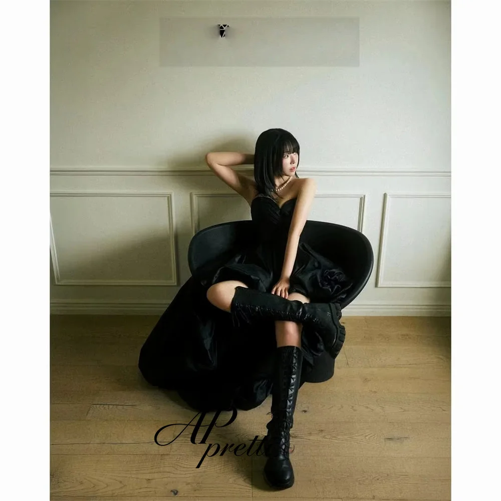 AP pretti Elegant Black Strapless Sweetheart Korea Wedding Photo Shoot Dress High Low Hem 2026 Customized Reception Dress