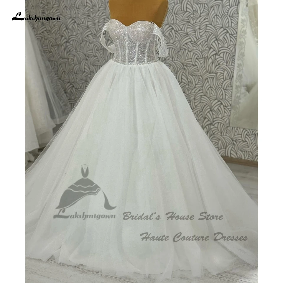 Vestidos de casamento espartilho princesa fora do ombro para mulheres, renda para cima, tule branco elegante, vestidos de noiva longa praia, 2024