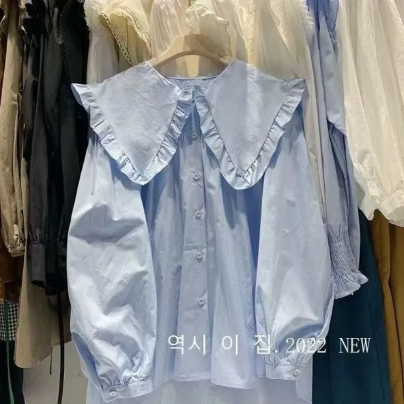 

Sweet White Loose Blouse Spring Autumn New Solid Color Long Sleeve Korean Ruffled Shirt Tops Preppy Style Fashion Women Clothing