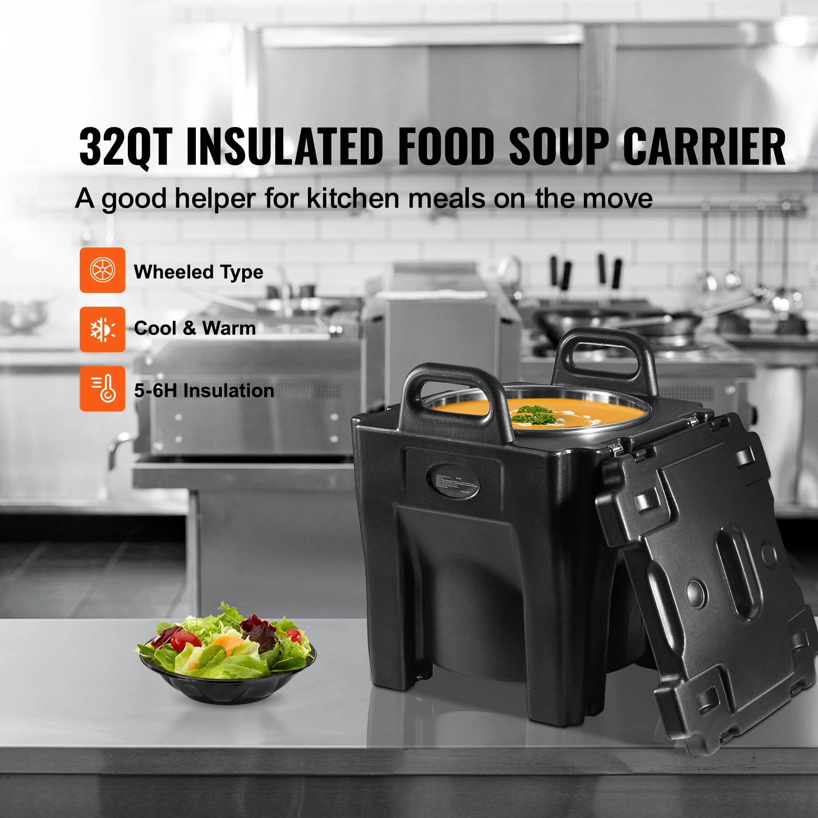 Insulated Food Carrier, 32Qt Capacity, Stackable Catering Hot Box with Stainless Steel Barrel, Top Load LLDPE Food Warmer with Integral Handles Buckles Stationary Base, B