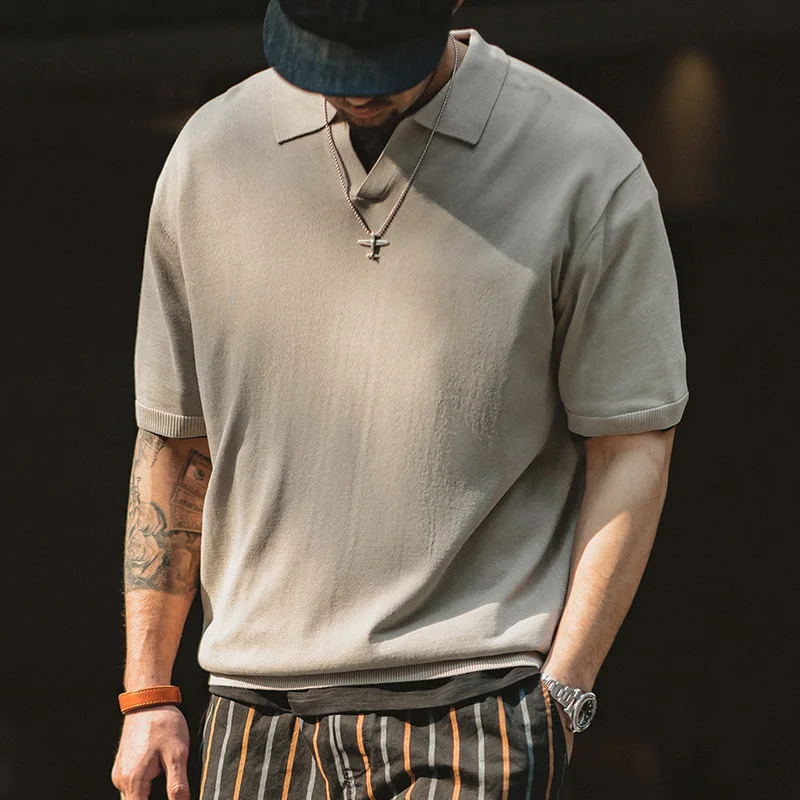 

Maden Workwear Vintage V Lapel Knitted Breathable Loose Short Sleeve Half Sleeve Polo T-shirt Men's 2023 Casual Summer Tops