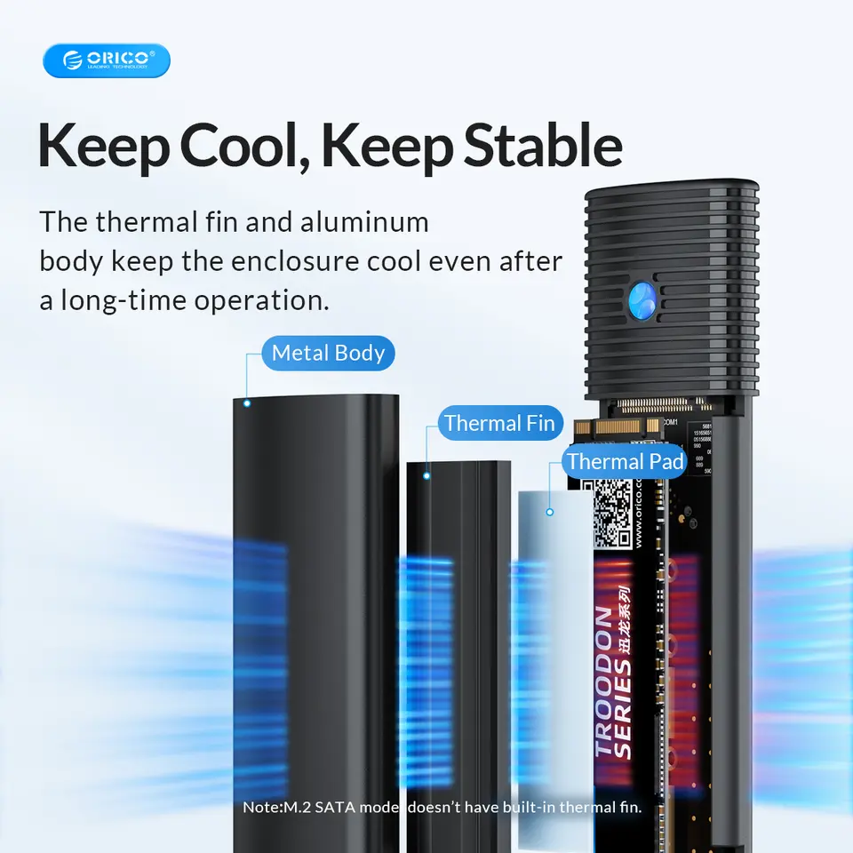 ORICO علبة M2 SSD NVMe NGFF بسرعة 10 جيجابت/ثانية علبة PCIe M.2 SSD محمولة محول خارجي USB C 3.2Gen2 مع مبرد حراري معدني - 3