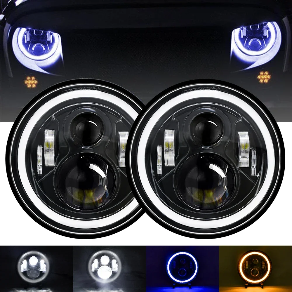 2PCS 7inch 9-30V DC Moto Car Led Headlight DRL Hi-Lo With Halo Angel Eyes Waterproof Motorcycle Headlamp For Lada Niva 4X4 Uaz