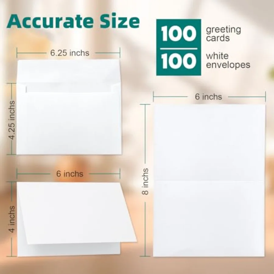 100 عبوة من البطاقات البيضاء الفارغة و100 عبوة من المغلفات مقاس 4 × 6 بطاقات المعايدة والمغلفات مجموعة بطاقات مطوية مع مظروف ذاتي الغلق