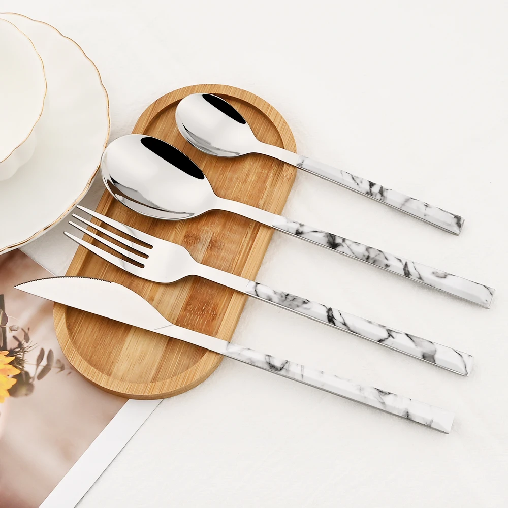 24Pcs High Quality Cutlery Set Knife Fork Spoon Dinnerware Set Stainless Steel Flatware Creative Imitation Wood Handle Tableware