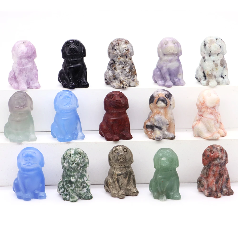 30mm Cute Mini Dog Statue Natural Stone Carved Healing Crystal Rose Quartz Animal Figurine Reiki Gemstone Craft Home Lucky Decor