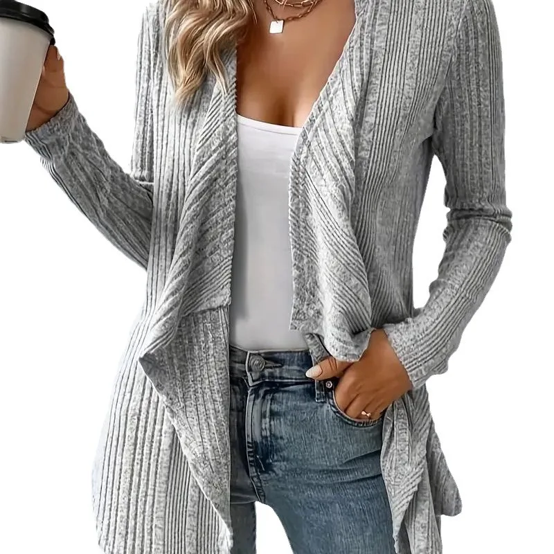 Womens Autumn and Winter  New V-neck Screw Thread Knitted Cardigan Solid Color Splicing Sweater Versatile Long Sleeves Tops