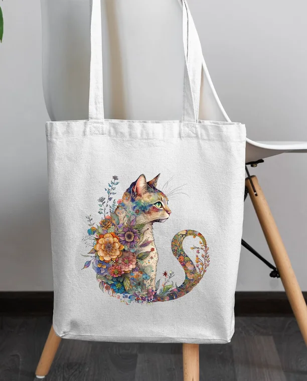 Floral Cat Silhouette Tote Bag Minimalist Versatile Canvas Shoulder Bag for Men Women Retro Casual Reusable Shopping Handbag