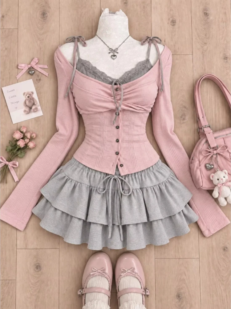 Japanese Sweet Long Sleeve Fake Two-Piece Top + Mini Lace Skirt Two-Piece Set Women Casual Y2k Cute Outfit Bodycon 2026