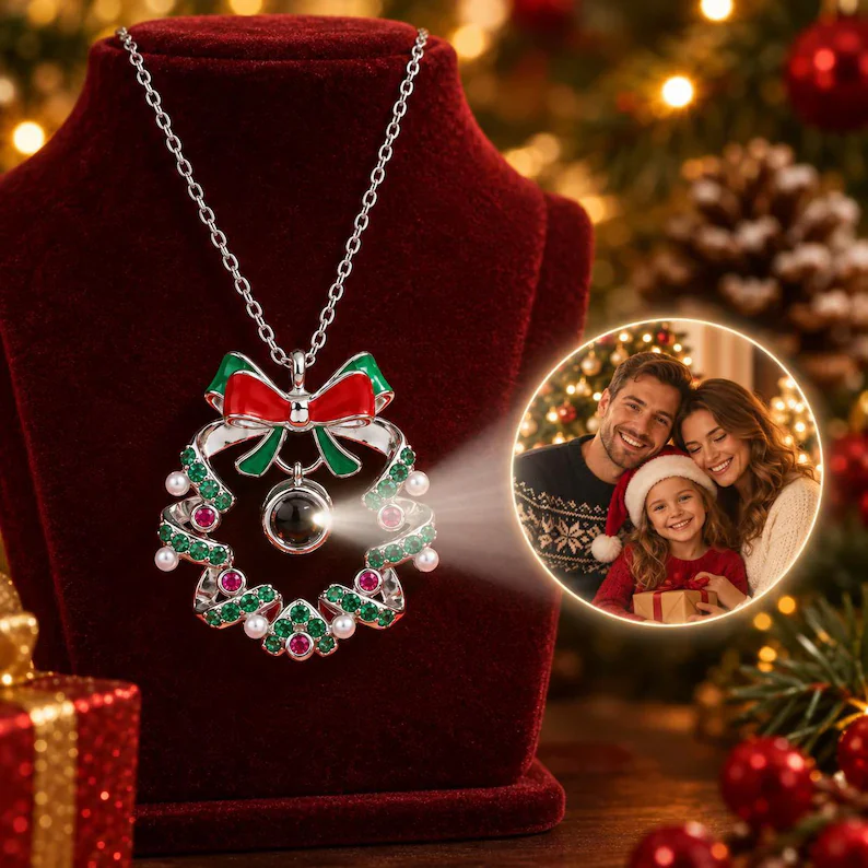 Custom Photo Christmas Wreath Projection Necklace Jewelry Family Gift for Her, Personalized Picture Keepsake Christmas Gifts