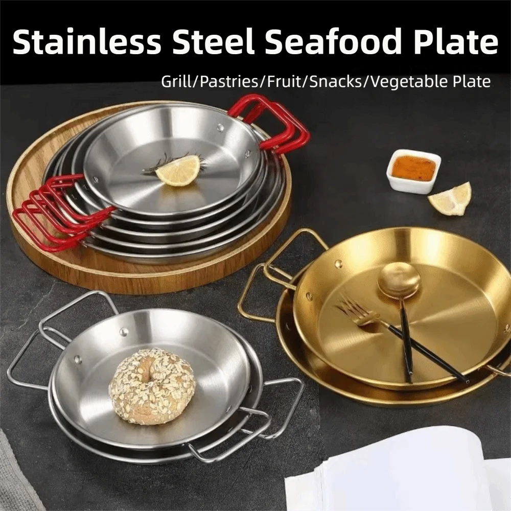 18/20/22/24cm Seafood Plate Flat Bottom Dual Loop Handle Frying Pan Uniform Heat Transfer Thickened Base Stainless Steel Pan