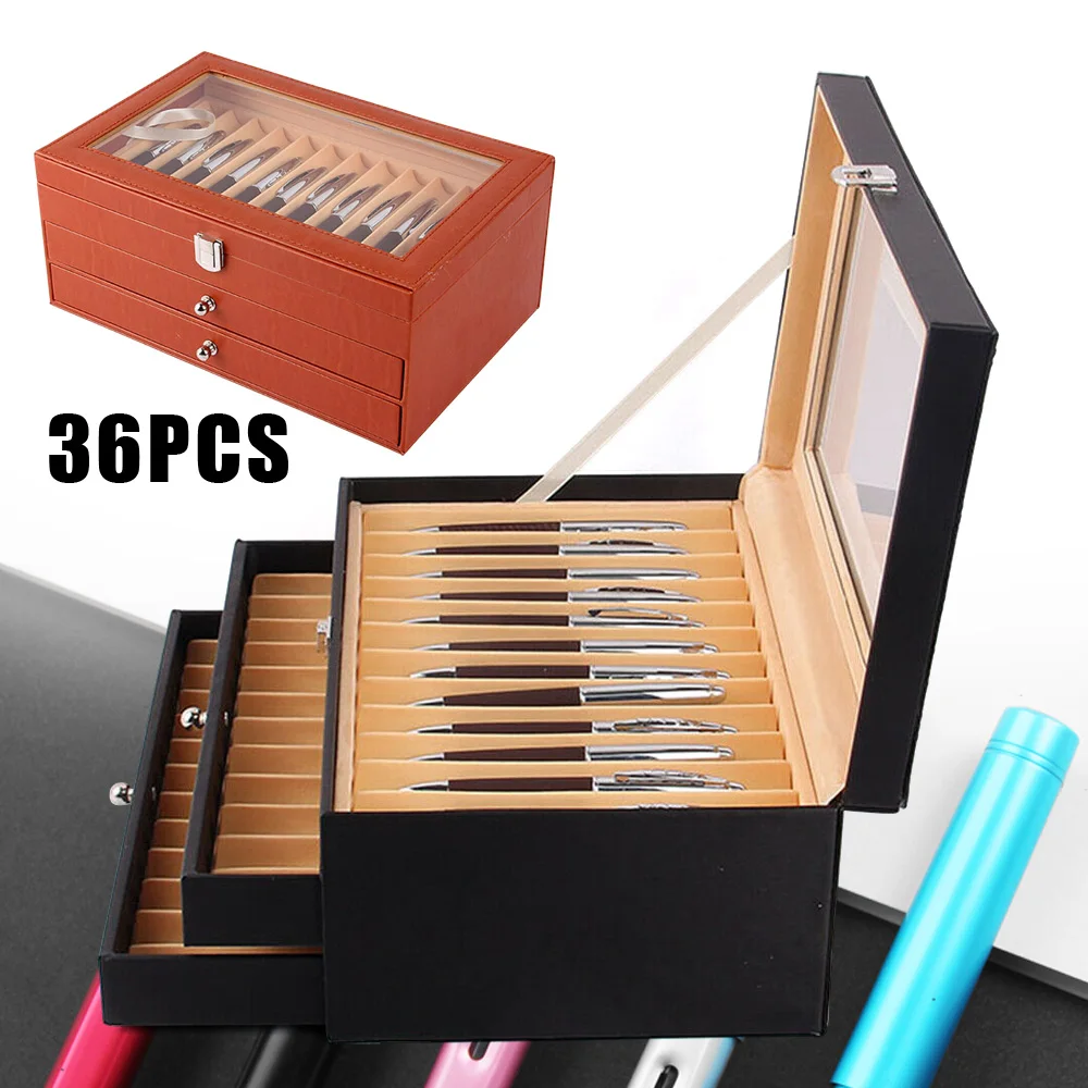 

Luxuy Leather Fountain Pen Storage Display Case 36 Slots Capacity Drawer Type Flannel Organizer Box for Family Friend Gift