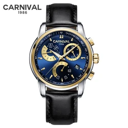 CARNIVAL Mens Watches Luxury Top Brand Waterproof Sapphire Automatic Mechanical Wristwatch Fashion Leather Calendar Watch Men