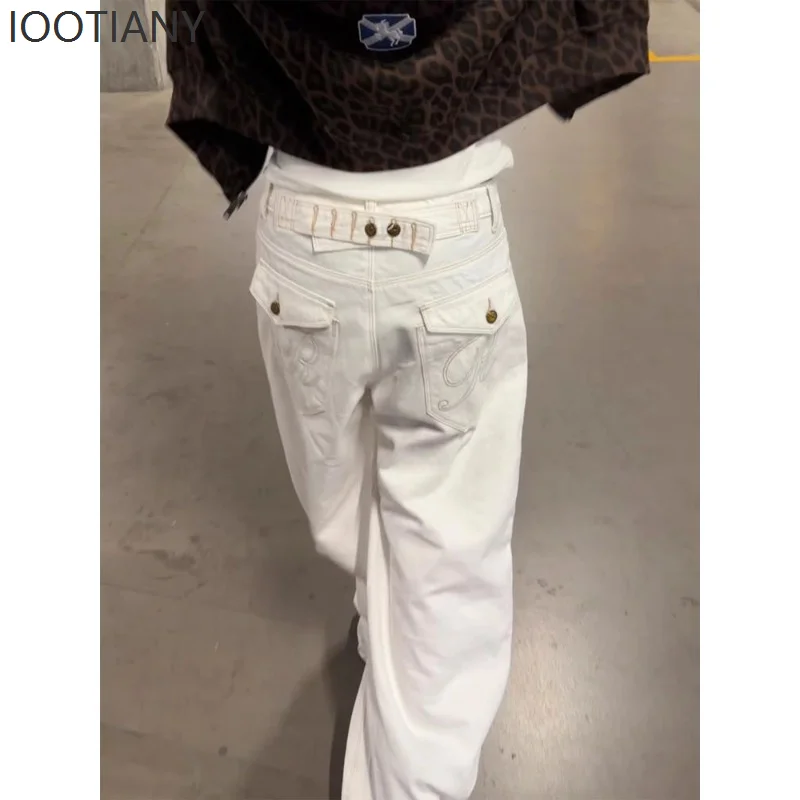 Vintage American High Waist Wide Leg Paris Buckle Jeans Women Slimming White Denim Pants 2026 Trendy Casual Daily Wear Office