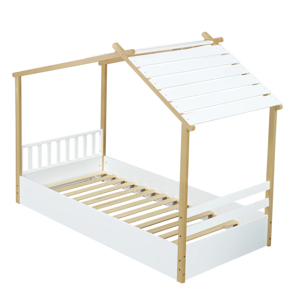 PINGGO Weißes Holz-Einzelbett 90x190cm Natürliche Holzoptik Hausdesign Lattenrost Kiefer-Spanplatte MDF Ohne Matratze – Detail 15