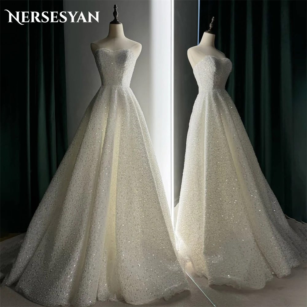 

Nersesyan Elegant Glitter Lace Wedding Dresses Off Shoulder A Line Sequins Bridal Gowns Backless Princess Bride Dress Customized