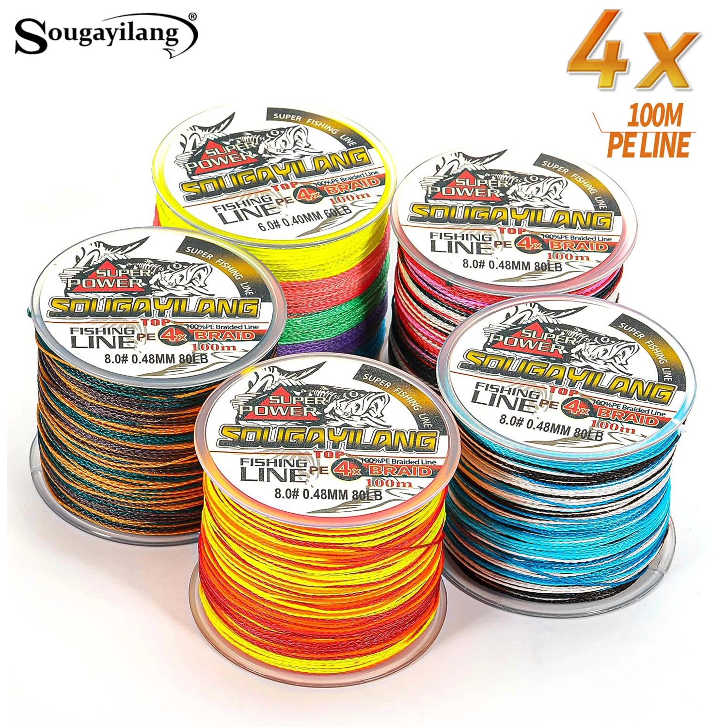 Sougayilang 4X Lenza da pesca intrecciata100m 5 colori Abrasione Max Drag 80LB Multifilamento PE Bass Line per la pesca d'acqua dolce in acqua salata