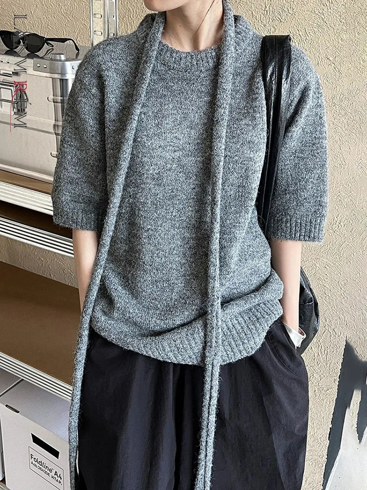 LANMREM-Pull Décontracté à Manches sulfet Col Rond pour Femme, Couleur Unie, à la Mode, Nouvelle Collection Automne 2024, 26C554