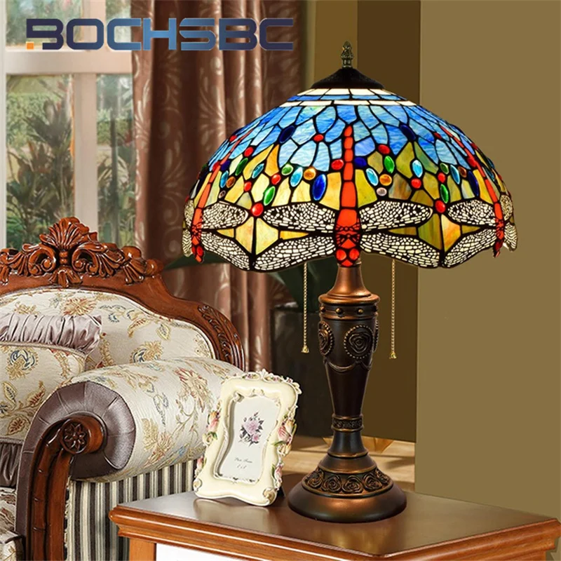 

BOCHSBC Tiffany stained glass desk lamp blue dragonfly retro style art deco villa living room study bedroom bed office lamp