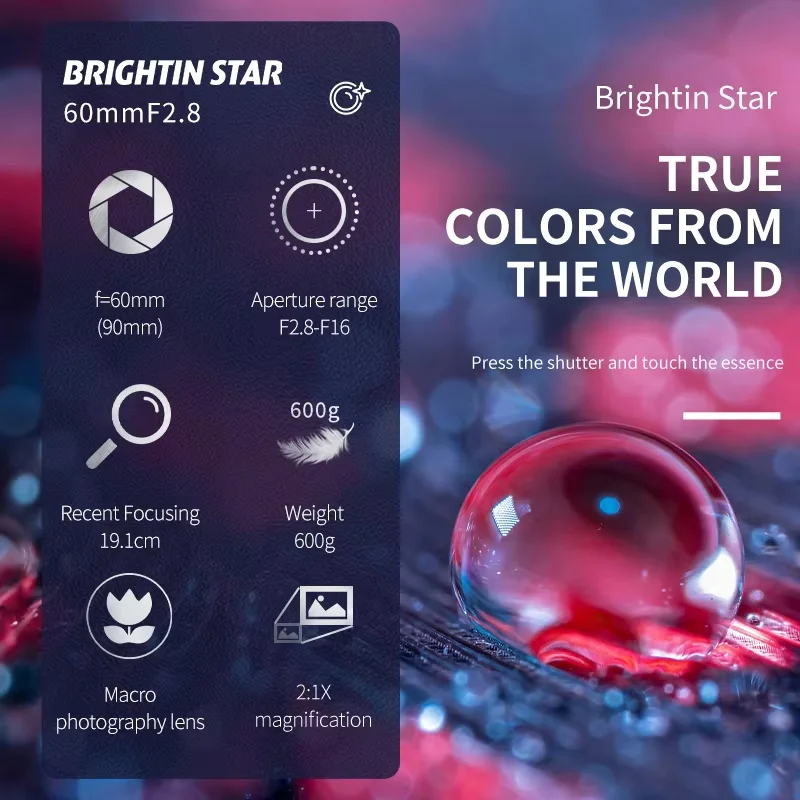 Brightin Star 60mm F2.8 II 2:1 Magnification Full Frame Macro Lens for Sony E nikon Z Canon R RF EOS M M43 Fuji X A7C XT5 ZFC Z8