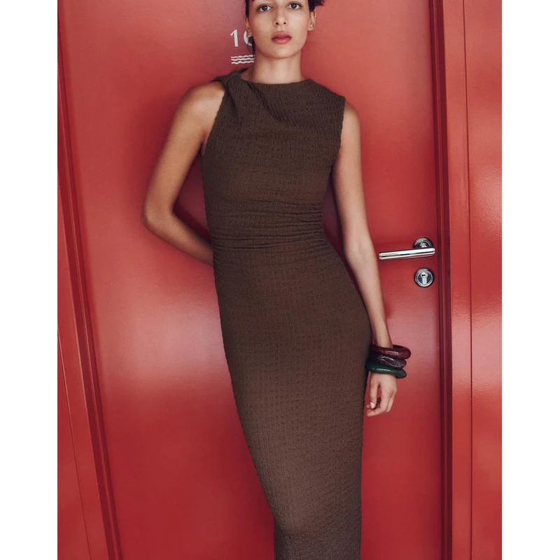 Faionable Long Svel round Ne Dr Women's Polyester Fiber l Waist Step Dr Basic Sle Summer Season H-ape