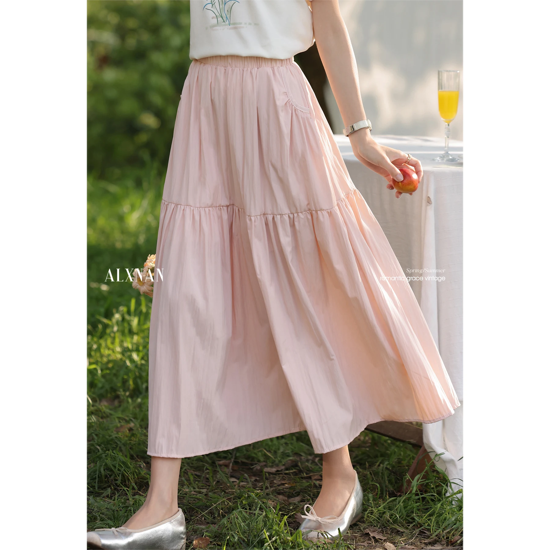 

ALXNAN Women's Pink Skirt 2025 Summer Elegant Long A-line Skirt Loose-fit High-waist Casual Holiday Midi Ladies Clothing L553109