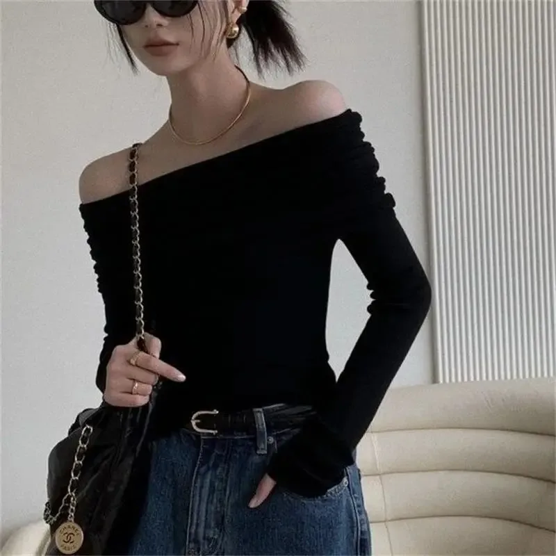 Solid Slash Neck Crop Top Women Off Shoulder Long Sleeve Skinny T-shirt Harajuku y2k Femme Clothing Autumn Casual Shirts