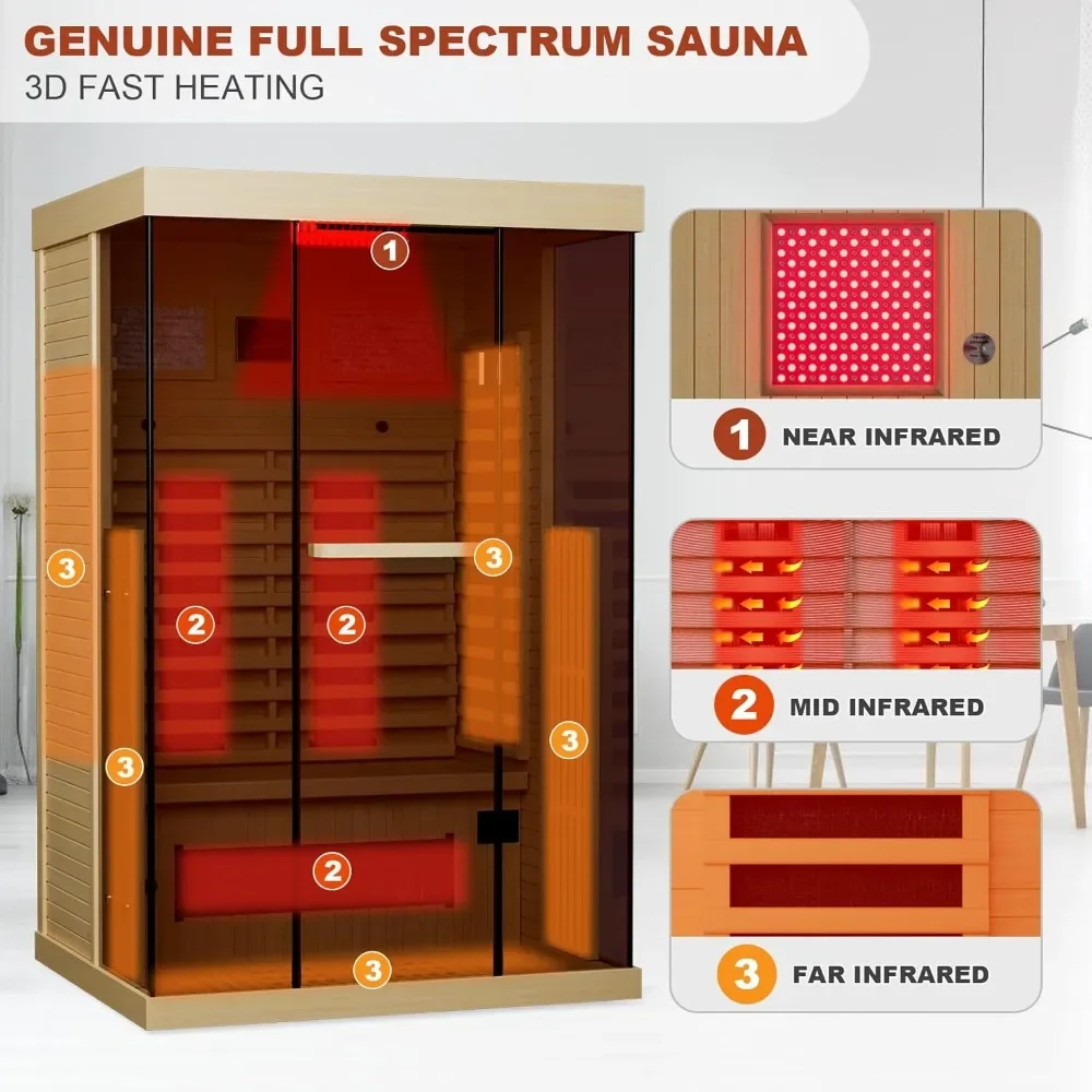 Full Spectrum Infrared Sauna with Resonance Speaker, Panoramic Tempered Glass Door，Wooden Canadian Hemlock Indoor Spa Sauna