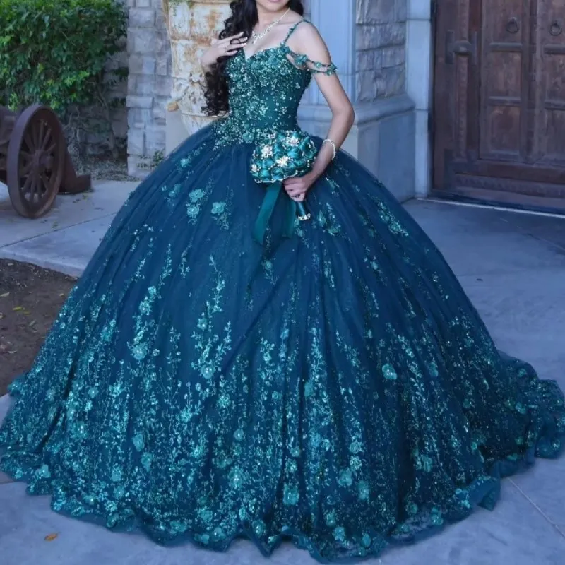 

Emerald Green Glitter Crystal Sequined Ball Gown Quinceanera Dresses Off The Shoulder Applique Lace Beading Corset Vestidos De