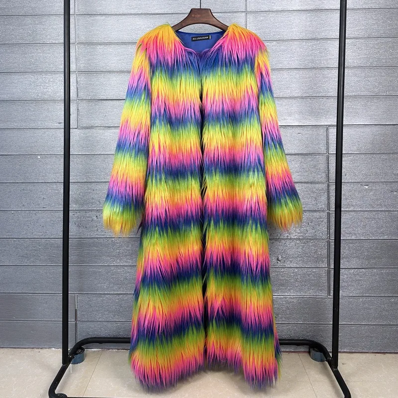 

Women's Clothing Fur Faux Fur Long Version Coat Rainbow Colours Goat Wool Warm Fashionable Comfortable Leather Jacket