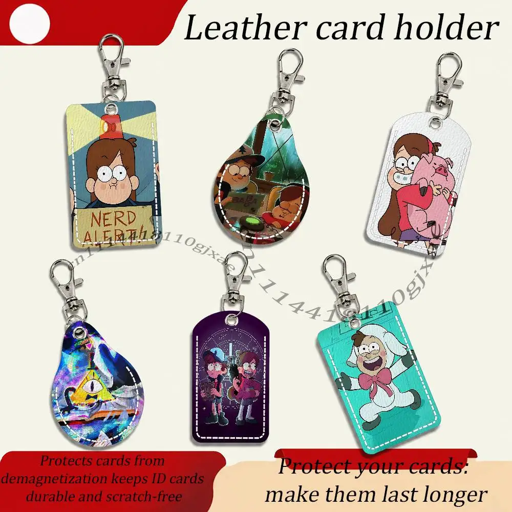 Dipper and Mabel Gravity Falls Card Case Leather Card Holder Keychain Key Ring Transportation Card Case With Lanyard