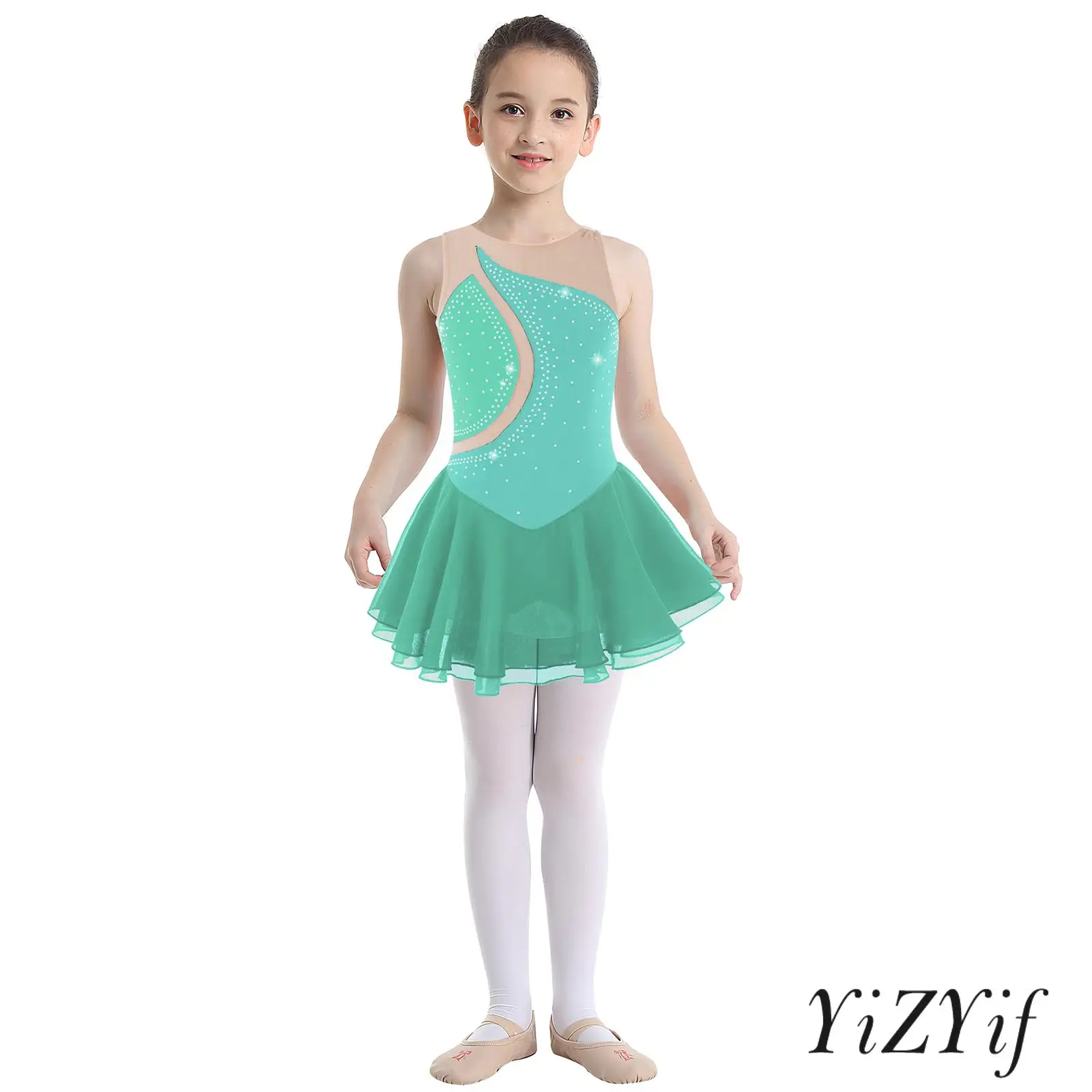 

‌Glitter Girls Ballet Dance Dress Breathable Round Neck Chiffon Outfit with Sparkling Rhinestones for Dance Shows Photo Shoots