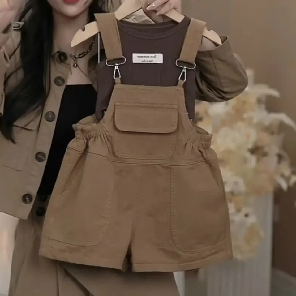 

Girls' Summer Fashionable Set 2024 New Jumpsuit for Children's Internet Famous Suspender Work Suit Two-Piece Backpack Pants Set