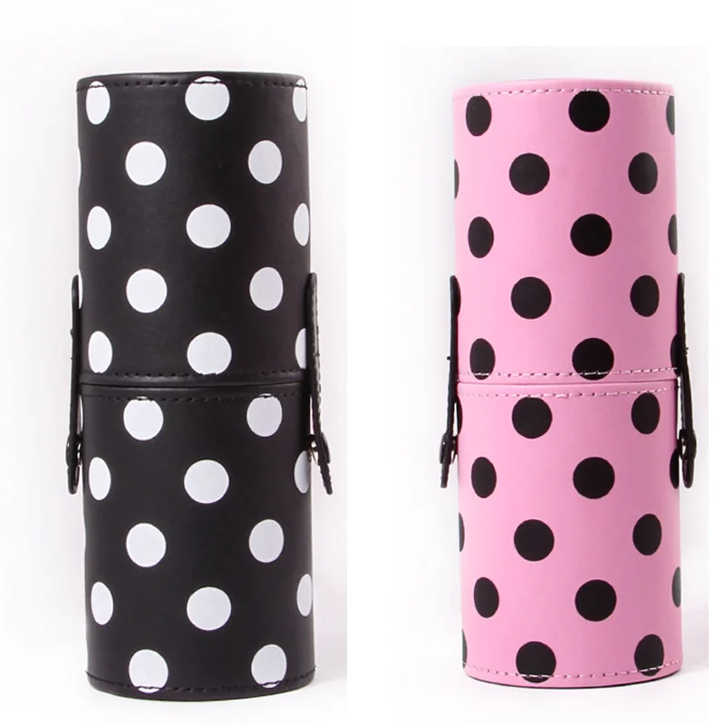 دلو تخزين فرشاة مكياج من البولي يوريثان باللون الوردي منقط، دلو مكياج مغطى بسعة كبيرة، تخزين محمول للسفر