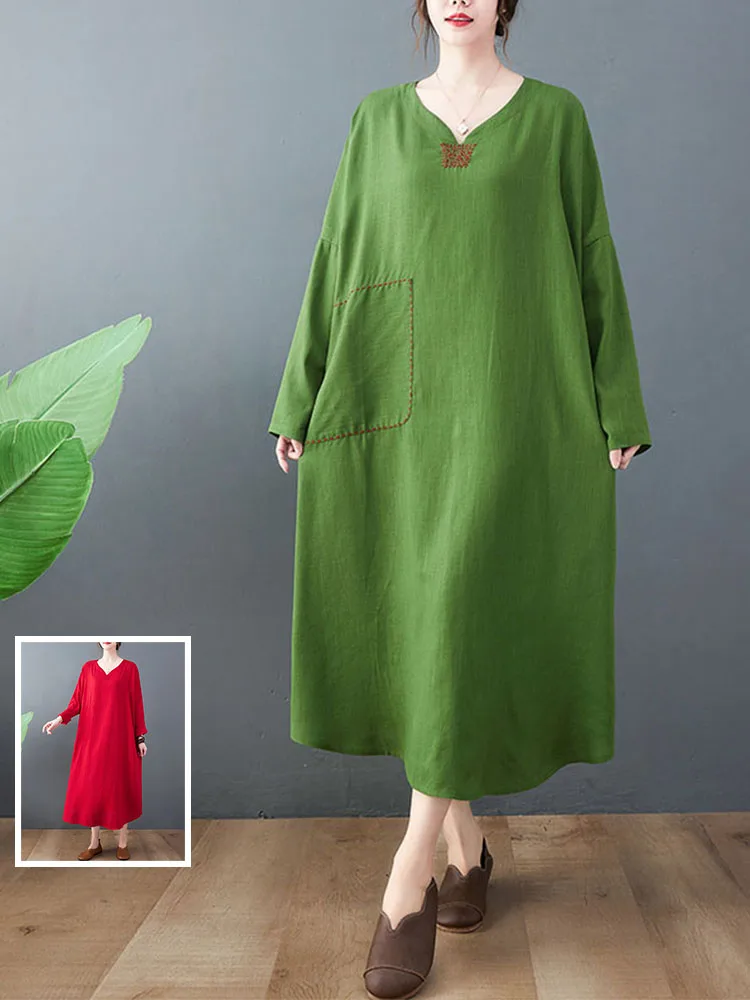 

Осеннее льняное платье с вышивкой Dr, женское платье больших размеров, длинная юбка трапециевидной формы с v-образным вырезом, скрывающая бедра