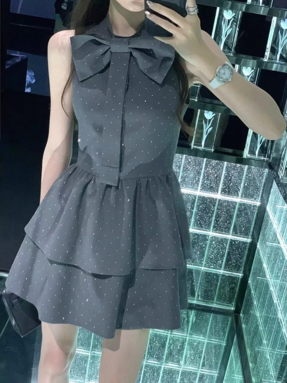 Women Bow Design Elegant Dress Casual Sweet Style Sleeveless O-Neck Dress Women Summer Dress