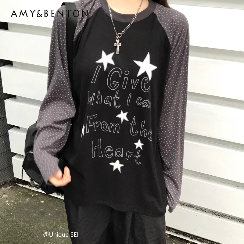 

Винтажный женский топ со звездами и буквенным принтом, осенний новый универсальный повседневный свободный топ с рукавами реглан, женский топ