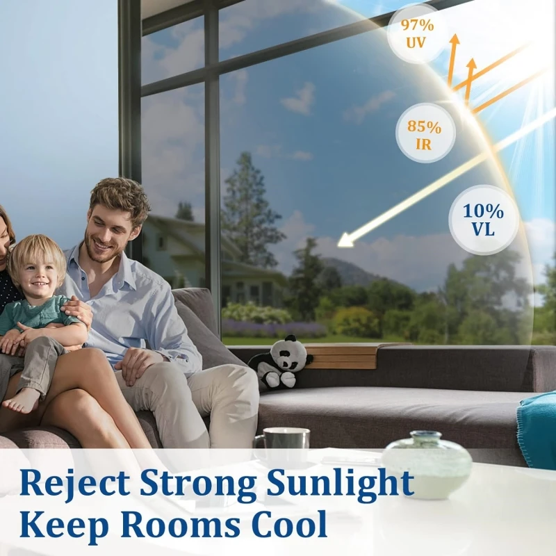 【Silver】Glass Window Privacy Film One Way Daytime Mirror Reflective Heat Control Sun Blocking Non-Adhesive Static Cling