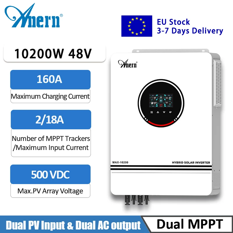 Anern 10.2KW Hybrid Inverter Off Grid Inverter 48v on Grid Solar Inverter Pure Sine Wave Bulit In 160A MPPT Solar Controller