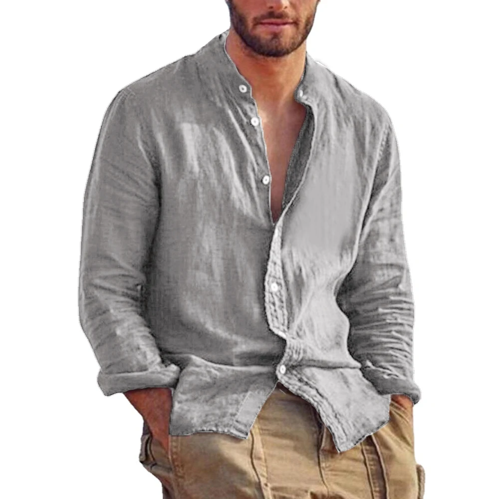 New Men\'s Solid Color Long Sleeve Shirt Linen Cotton Shirts Trend Plus-size Stand Collar Casual Lightweight Beach Tops