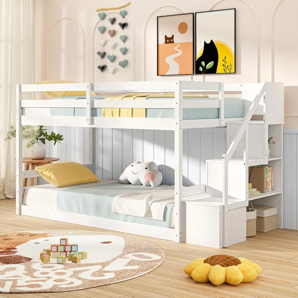 

Bunk Bed with Stairs, Solid Wood Floor Bunk Bed with Storage Staircase , Low Bunk Bed with for Kids, Teens, Adults, Dorm