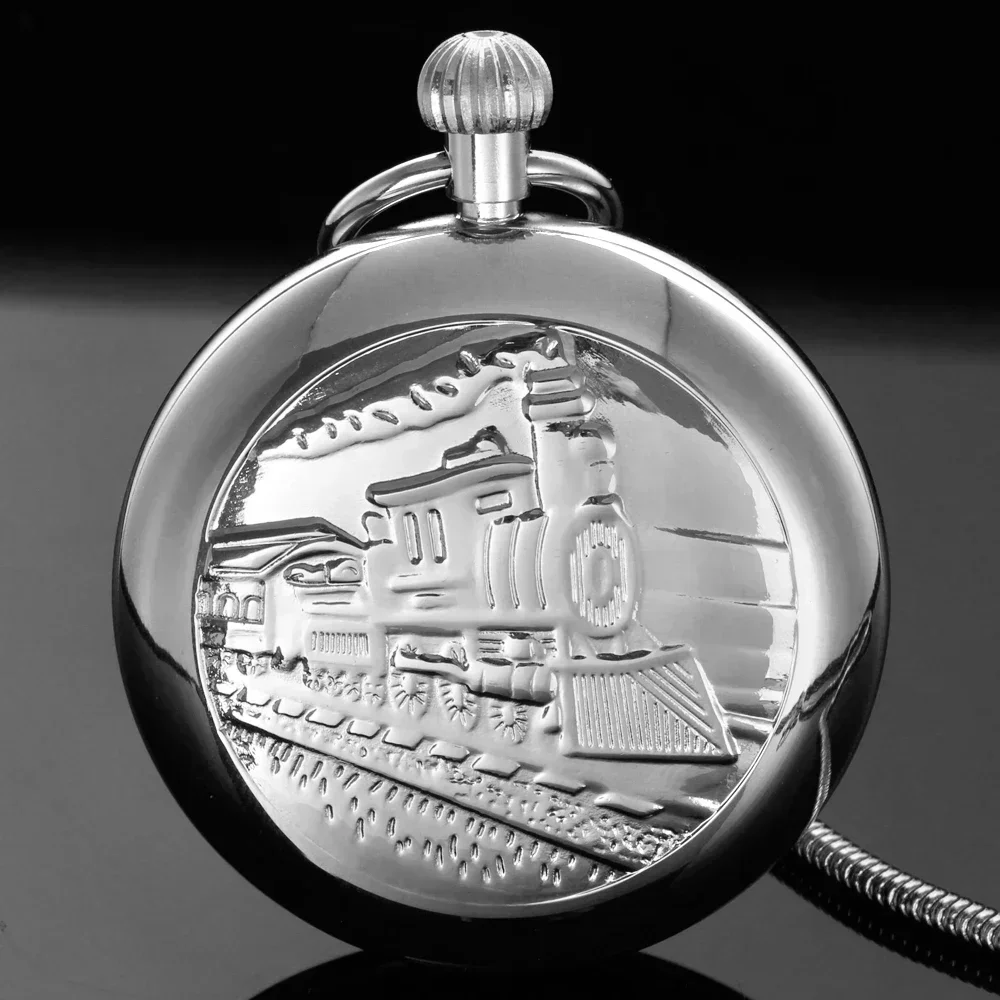 ساعة جيب ميكانيكية قاطرة Steampunk فضية ممتازة، علبة صياد جرح يدويًا، ساعة مع صندوق هدايا