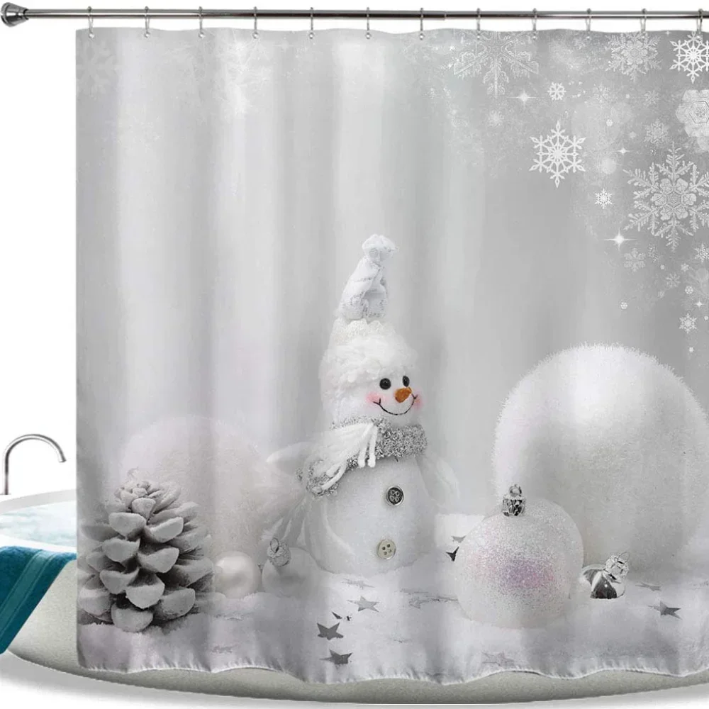 Merry Christmas Snowman Shower Curtain Set Hooks White Xmas Ball And New Year Winter Bathroom Decor Polyester Fabric Curtains