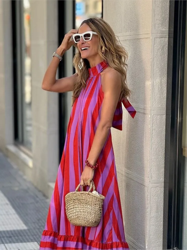 

Halter Neck Long Dresses Stripe Print Women Fashion Backless Lace-up Casual Loose Vacation Style Dress Ladies Commuting Vestidos