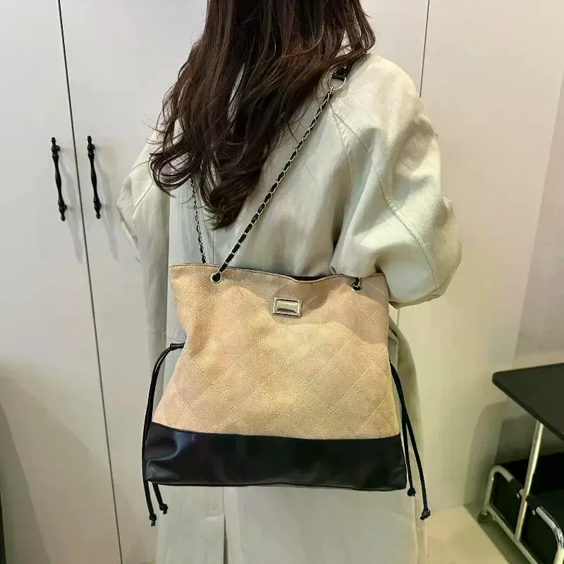 Trendy Suede Diamond Pattern Vintage Chain Bucket Bag Contrast Color Shoulder Bag Handbag