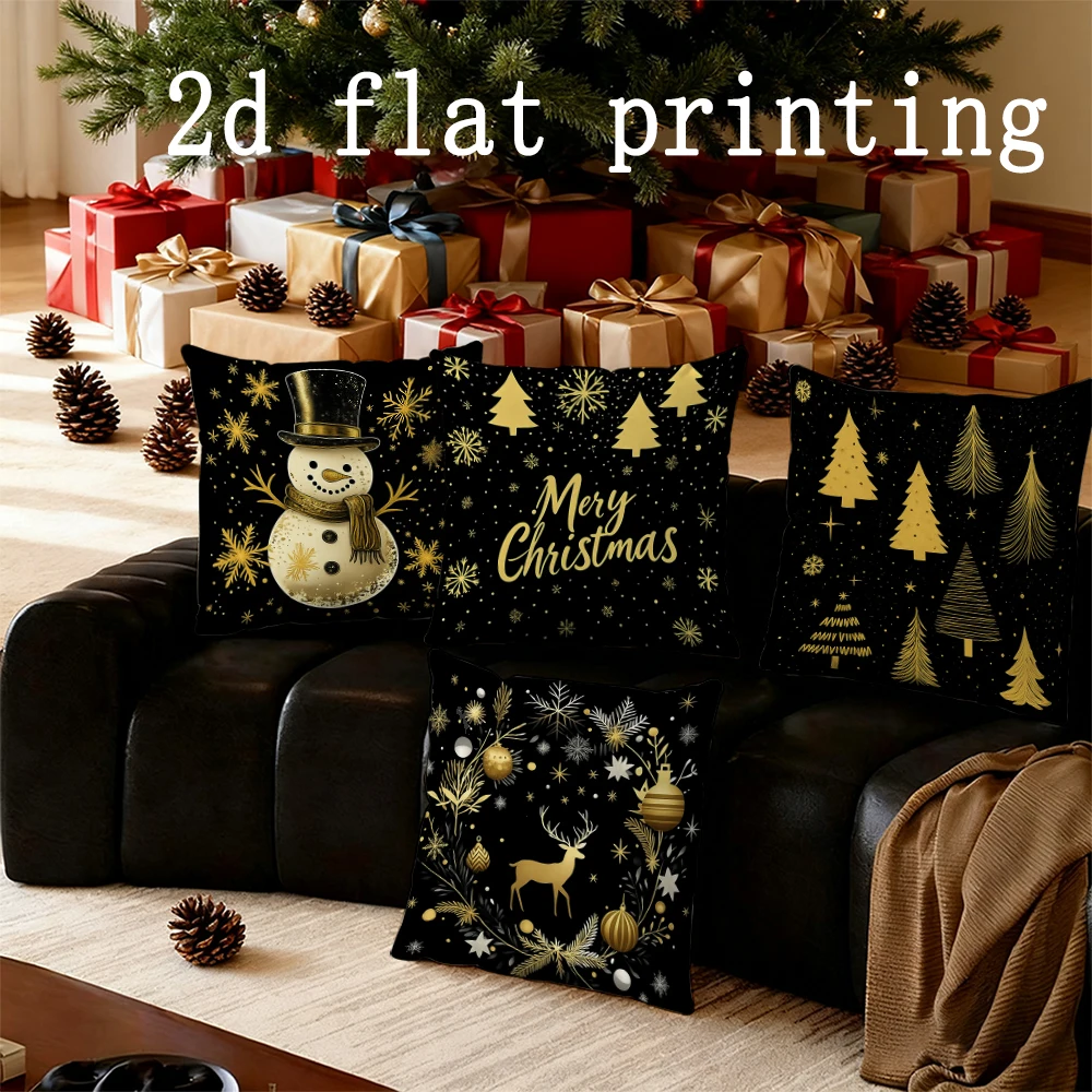 Home Decor Merry Christmas Snowman & Tree Print Pillowcases Pattern Cushion Cover Suitable for Sofa Bedroom Car Pillow Cover
