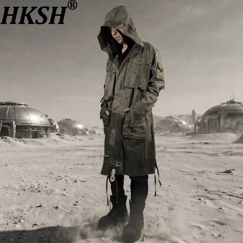 HKSH Spring Autumn New Men Tide Chic Ins Waste Land Retro Avant-Garde Trench Deconstructed Hood Robe Windbreaker Jackets HK28328
