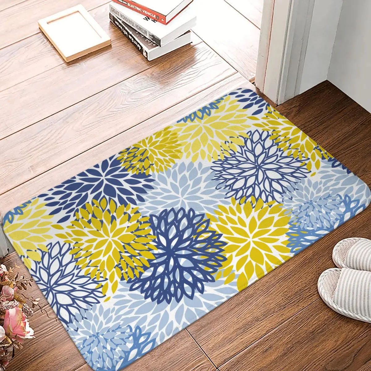 Spring Flower Blue Yellow And Navy Chrysanthemum Bath Mat Rug Home Doormat Living Room Carpet Decoration