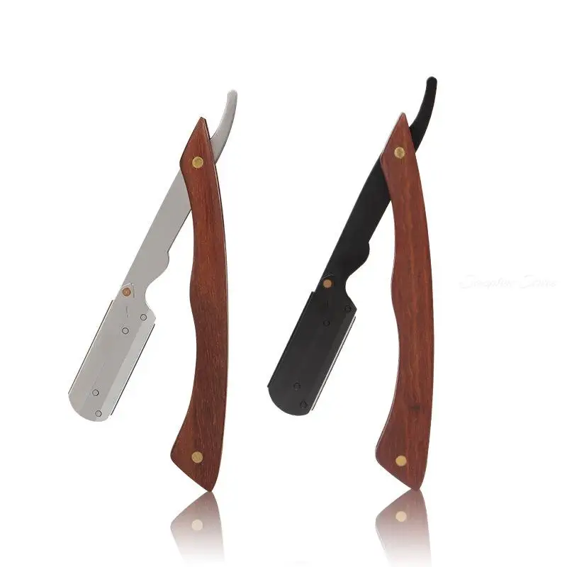 Men Stainless Steel Hair Razor Folding Retro Manual Shaving Knife Holder Blood Sandalwood Handle Barber Tools Free 10pcs Blades