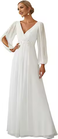 Women's V Neck Long Lantern Sleeves Floor Length Ruched Chiffon A-Line Formal Evening Dress Prom White Dress Party Dress